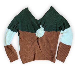 Cropped Color Block Sweater Tie Jumper Green Tan White Large Polly & Esther